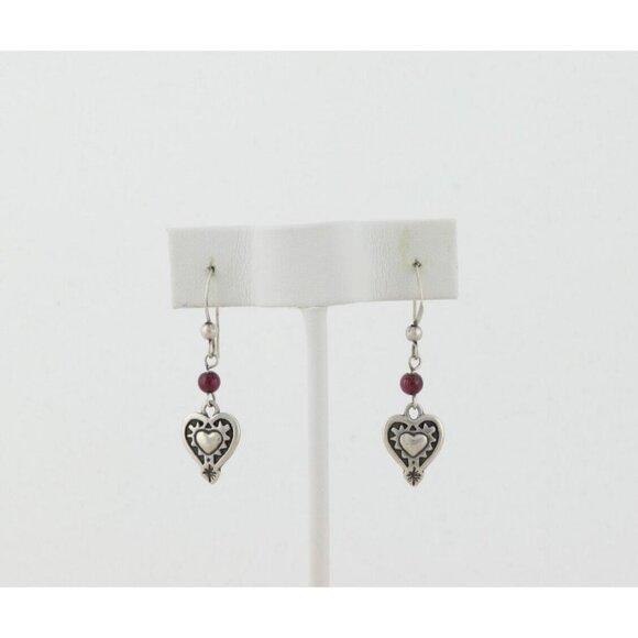 Sterling Silver Garnet Heart Earrings Dangle Drop 1 1/2" x 3/8" - Picture 6 of 7